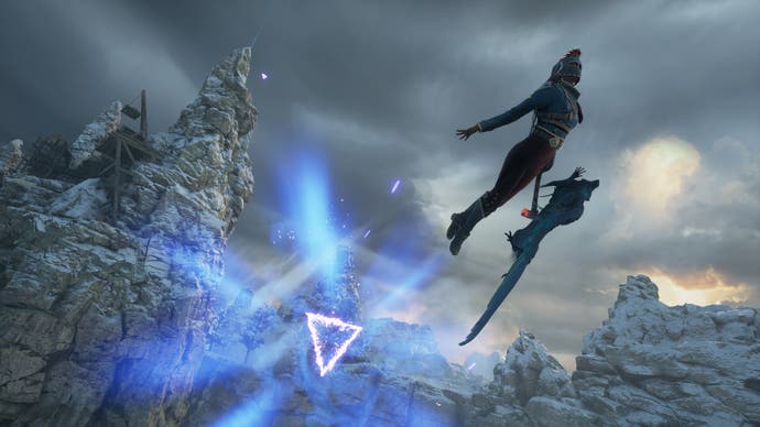 Der offizielle Flintlock-Bildschirm zeigt Nor und Enki, wie sie über ein leuchtendes violettes Dreieck durch die Luft fliegen