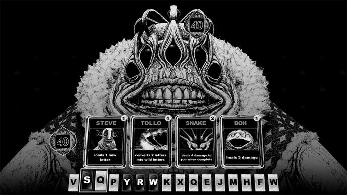 Cryptmaster screenshot showing a large, strange frog-skeleton creature in black-and-white style, looking down at your hand of four cards and several letters.