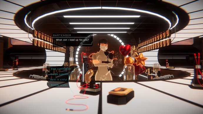 1000xResist screenshot showing a futuristic bartender asking 