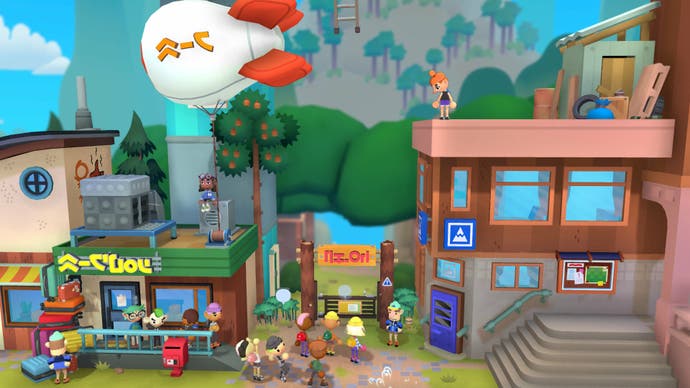 Surmount screenshot showing a row of shops in a mountain town in playful blocky style