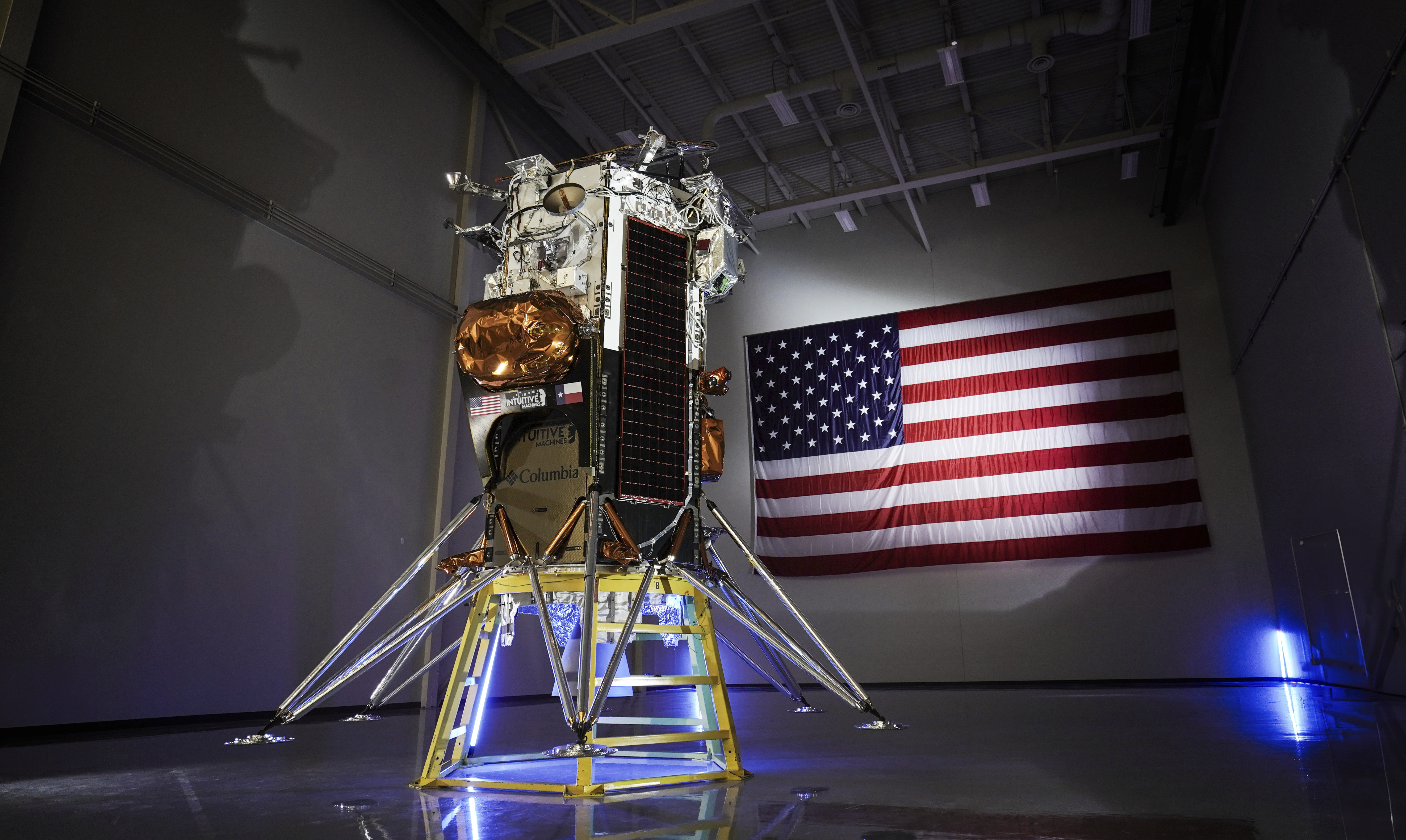 Der Mondlander IM-1 Nova-C des amerikanischen Weltraumforschungsunternehmens Intuitive Machines ist im Oktober 2023 in Houston abgebildet