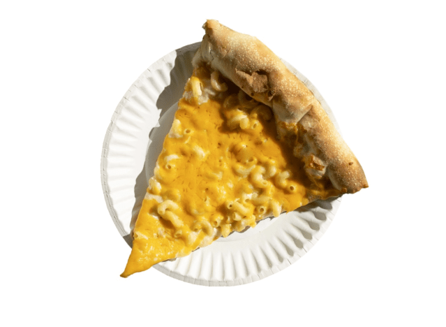 a slice of macaroni and cheese pizza on a white background.