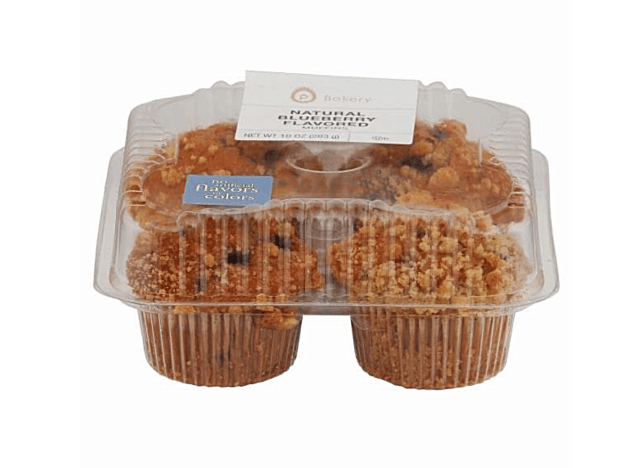 a bakery container of four blueberry muffins.