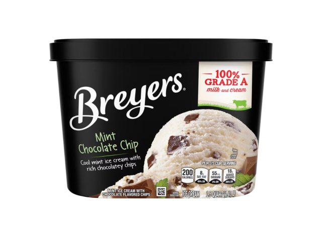 carton of Breyer's Mint Chocolate Chip on a white background