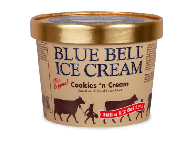 carton of Blue Bell ice cream on a white background
