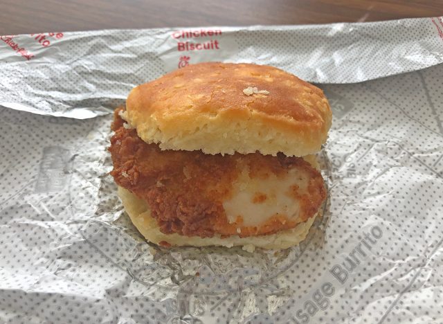 Chick-fil-A chicken biscuit atop its wrapper