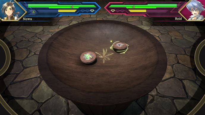 Eiyuden Chronicle: Hundred Heroes-Screenshot, der das Minispiel im Bakugan-Stil mit sich drehenden Holzspielzeugen auf einem Tisch zeigt.