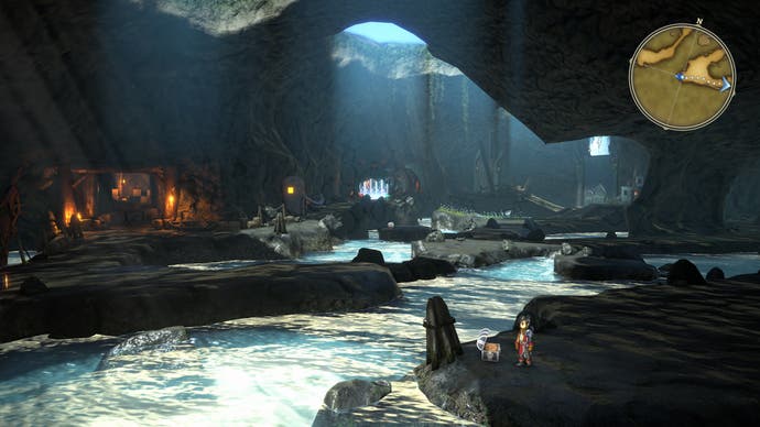 Screenshot von Eiyuden Chronicle: Hundred Heroes, der das schattige Innere einer Höhle am Meer zeigt.