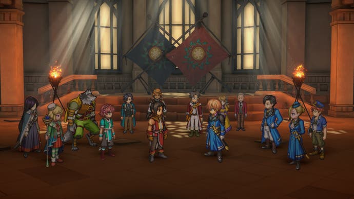 Nowa und Seign starren sich in einem Screenshot aus Eiyuden Chronicle: Hundred Heroes in einer großen Halle an.