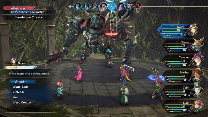 Eiyuden Chronicle: Hundred Heroes-Screenshot, der einen Bosskampf gegen einen riesigen mechanisierten Feind zeigt.