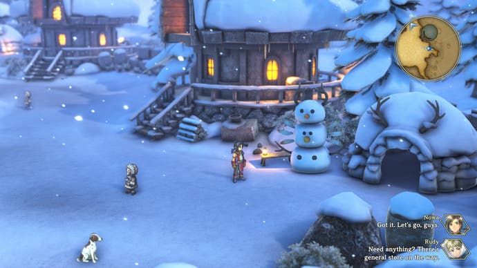 Auf einem Screenshot aus Eiyuden Chronicle: Hundred Heroes steht Nowa um ein verschneites Dorf herum.