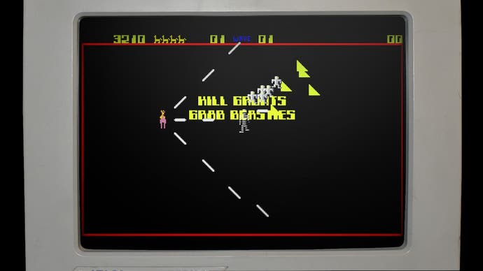 Ein Bildschirm aus dem hektischen Arcade-Spiel Llamatron 2112 mit in alle Richtungen prasselnden Pixeln von Llamasoft: The Jeff Minter Story.