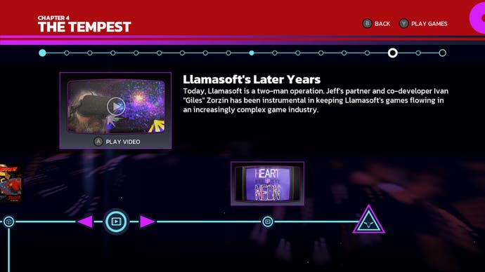 Ein Bildschirm der Zeitleiste von Llamasoft: The Jeff Minter Story.  Es zeigt einen Videoclip namens Llamasoft's Later Years.