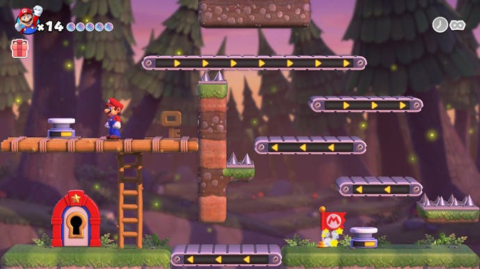 Mario durchquert eine Ebene aus Förderbändern