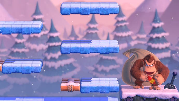 Donkey Kong-Standort zwischen gefrorenen Plattformen in diesem Bosskampf