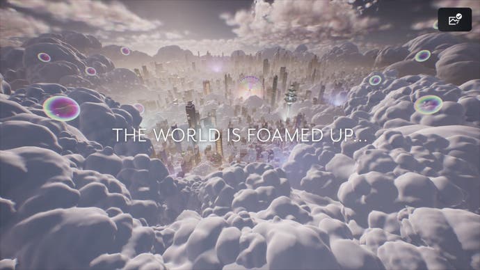 Screenshot von Foamstars, der eine in Schaumwolken getauchte Stadt und einen Text mit der Aufschrift „Die Welt ist aufgeschäumt“ zeigt.