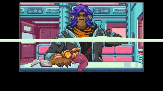 Read Only Memories: Neurodiver gif showing a character behind a bar in 80s themed pixel art, as another slides into view over the top like the intro to a Pokémon trainer battle